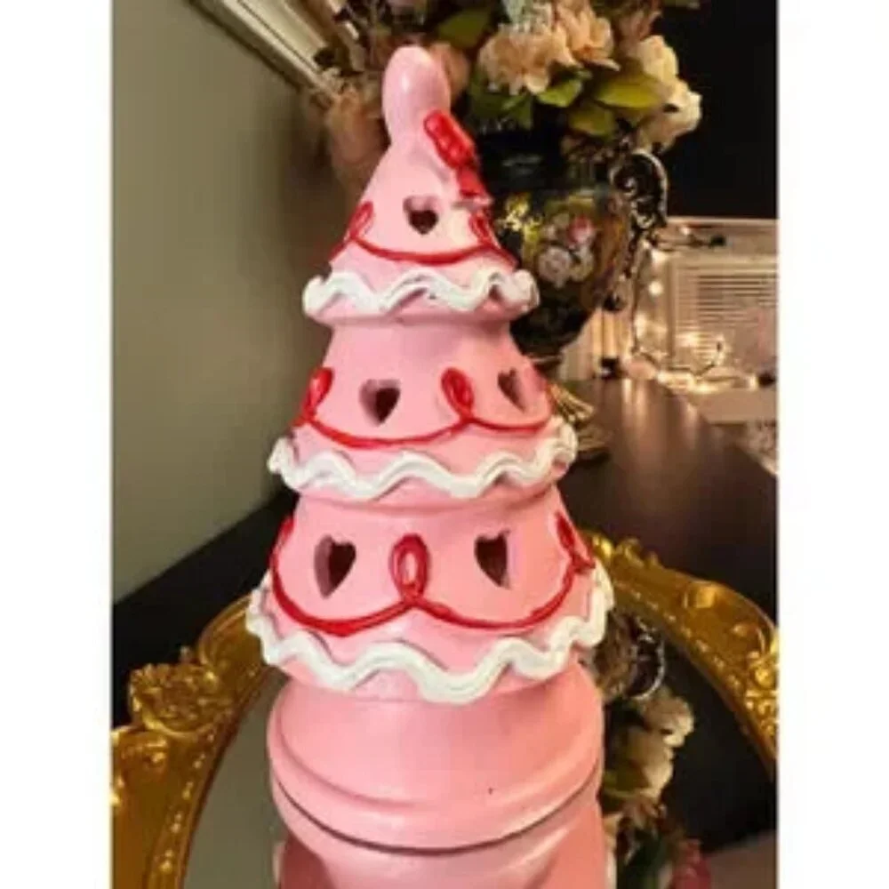 Pink Valentine Light Up Cake Tree Decor Heart Cutouts Bow Tabletop NWT